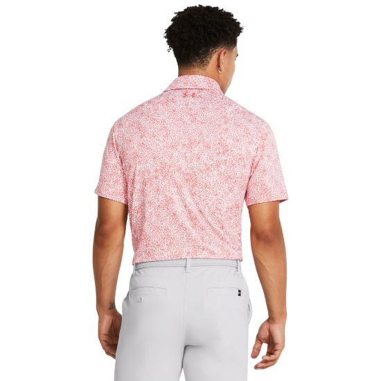 Model wearing Under Armour Men's Playoff 3.0 Printed Coho Golf Polo Shirt Back View