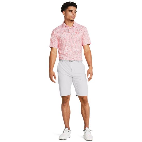 Model wearing Under Armour Men's Playoff 3.0 Printed Coho Golf Polo Shirt Full View