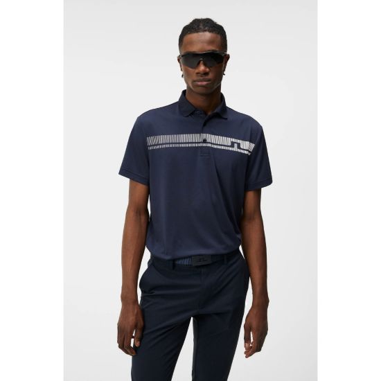 Model wearing J.Lindeberg Men's Klas Regular Fit JL Navy Golf Polo Shirt