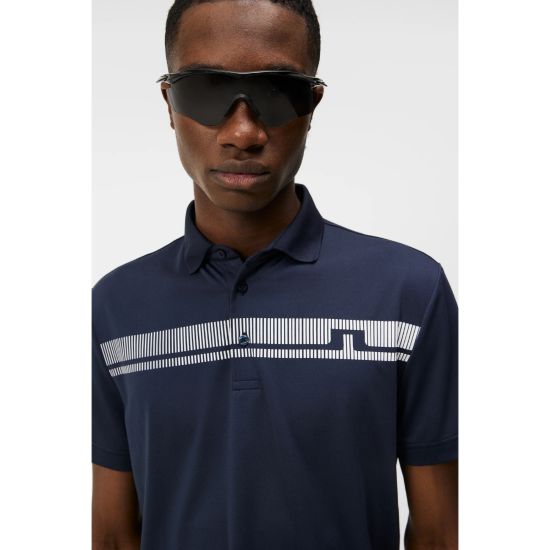 Model wearing J.Lindeberg Men's Klas Regular Fit JL Navy Golf Polo Shirt Front View
