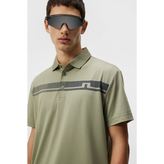 Model wearing J.Lindeberg Men's Klas Regular Fit Oil Green Golf Polo Shirt Front View