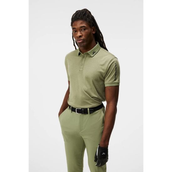 Model wearing J.Lindeberg Men's Tour Tech Oil Green Melange Golf Polo Shirt