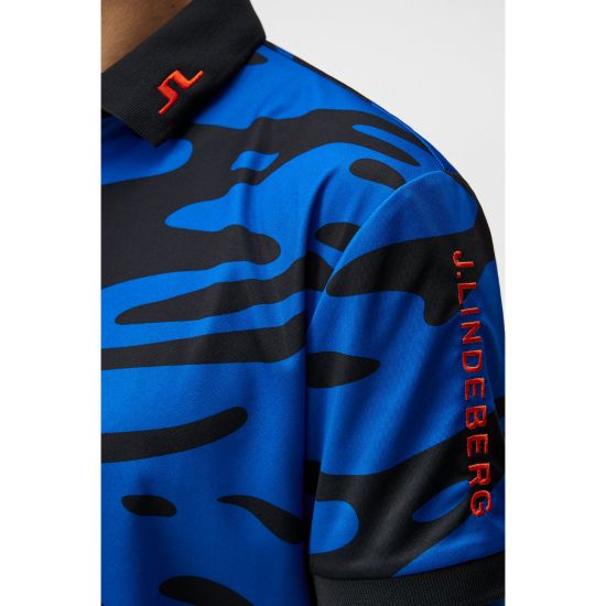 J.Lindeberg Men's Tour Tech Print Blue Golf Polo Shirt Side View