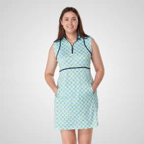 Model wearing Swing Out Sister Ladies Jane Blue & Emerald Golf Dress Front View