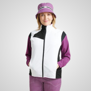 Model wearing Abacus Ladies Ardfin Softshell White/Black Golf Vest
