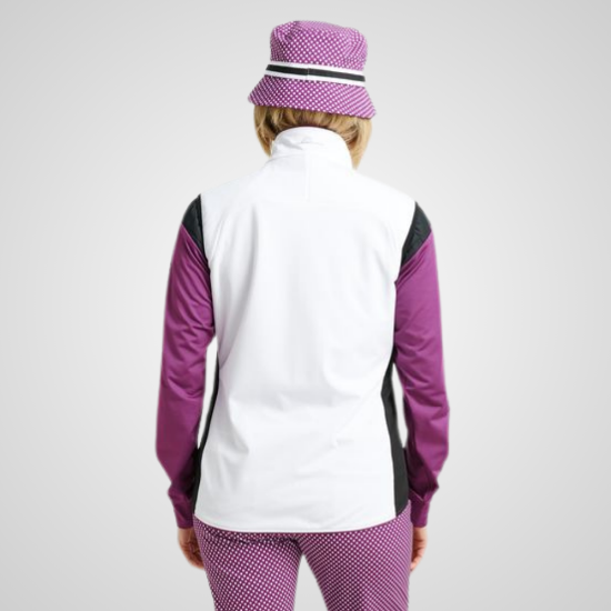 Model wearing Abacus Ladies Ardfin Softshell White/Black Golf Vest Back View