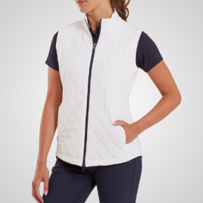 Model wearing FootJoy Ladies Insulated White Golf Vest