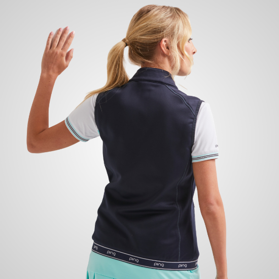 Model wearing PING Ladies Immy Fleece Navy Golf Vest Back View