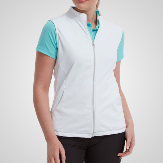 Model wearing FootJoy Ladies Jersey White Golf Vest Front View