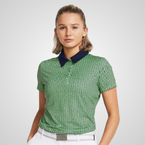 Model wearing Under Armour Ladies Playoff Ace Green Golf Polo Shirt Front View