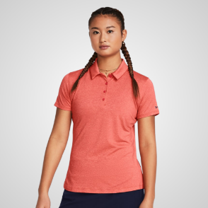 Model wearing Under Armour Ladies Playoff Red Golf Polo Shirt Front View