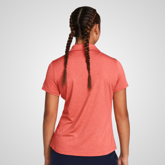 Model wearing Under Armour Ladies Playoff Red Golf Polo Shirt Back View