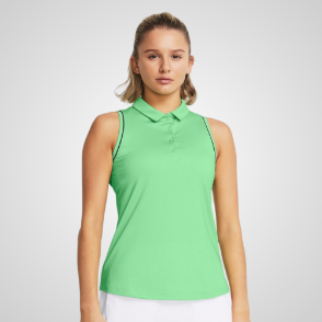 Model wearing Under Armour Ladies Playoff Jacquard Green Sleeveless Golf Polo Shirt Front View