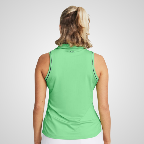 Model wearing Under Armour Ladies Playoff Jacquard Green Sleeveless Golf Polo Shirt Back View