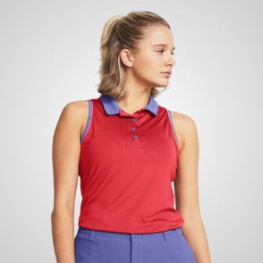 Model wearing Under Armour Ladies Playoff Jacquard Green Sleeveless Golf Polo Shirt Front View