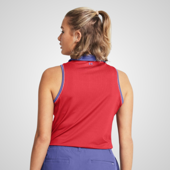 Model wearing Under Armour Ladies Playoff Jacquard Green Sleeveless Golf Polo Shirt Back View