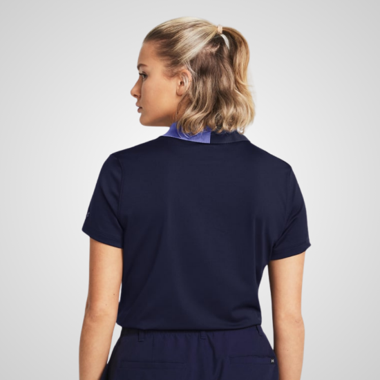 Model wearing Under Armour Ladies Pitch Playoff Navy Golf Polo Shirt Back View