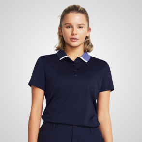 Model wearing Under Armour Ladies Pitch Playoff Navy Golf Polo Shirt Front View