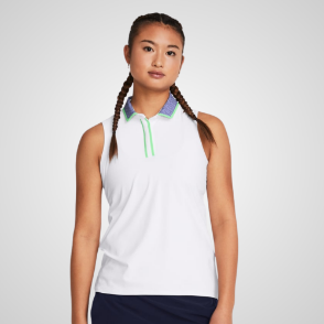 Model wearing Under Armour Ladies Iso Chill White Sleeveless Golf Polo Shirt Front View