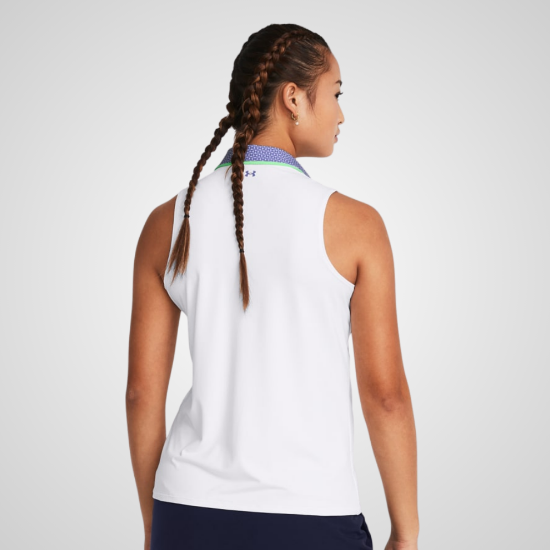 Model wearing Under Armour Ladies Iso Chill White Sleeveless Golf Polo Shirt Back View