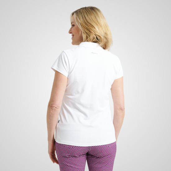 Model wearing Abacus Ladies Merion Cupsleeve Violet Check Golf Polo Shirt Back View