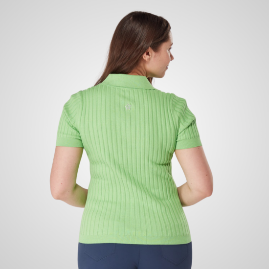 Model wearing Swing Out Sister Ladies Abigail Emerald Golf Sweater Back View