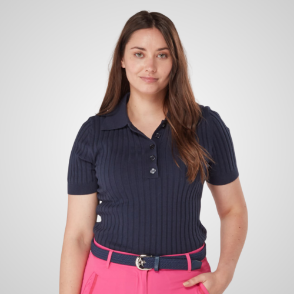 Model wearing Swing Out Sister Ladies Abigail Navy Golf Sweater