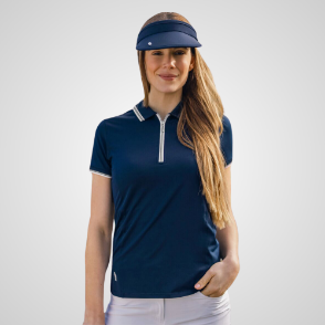 Model wearing Glenmuir Ladies Stella Navy Golf Polo Shirt Front View