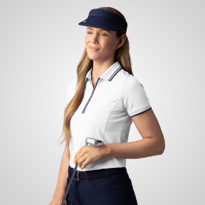 Model wearing Glenmuir Ladies Stella White Golf Polo Shirt Side View