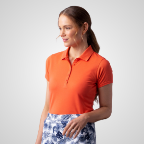 Model wearing Glenmuir Ladies Paloma Apricot Golf Polo Shirt Side View