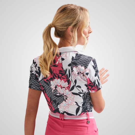 Model wearing PING Ladies Rumour Pink Golf Polo Shirt Back View