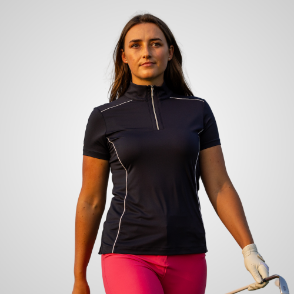 Model wearing PING Ladies Romana Navy Golf Polo Shirt Front View