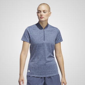 Model wearing adidas Ladies Ultimate Jacquard Preloved Ink Golf Polo Shirt Front View