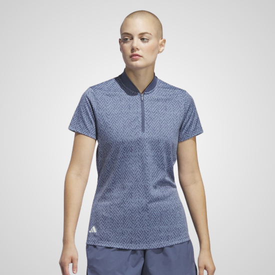 Model wearing adidas Ladies Ultimate Jacquard Preloved Ink Golf Polo Shirt Front View