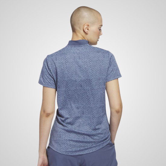 Model wearing adidas Ladies Ultimate Jacquard Preloved Ink Golf Polo Shirt Back View