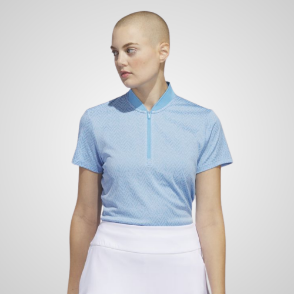 Model wearing adidas Ladies Ultimate Jacquard Burst Blue Golf Polo Shirt Front View