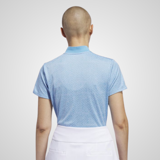 Model wearing adidas Ladies Ultimate Jacquard Burst Blue Golf Polo Shirt Back View