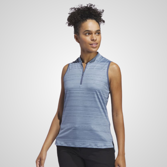 Model wearing adidas Ladies Ultimate Jacquard Sleeveless Preloved Ink Golf Polo Shirt Front View