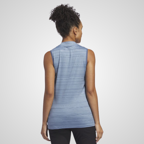 Model wearing adidas Ladies Ultimate Jacquard Sleeveless Preloved Ink Golf Polo Shirt Back View