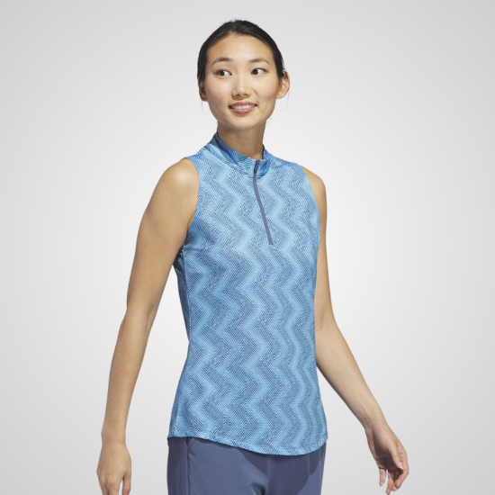 Model wearing adidas Ladies Ottoman Printed Sleeveless Burst Blue Golf Polo Shirt Front View