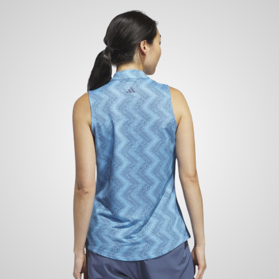 Model wearing adidas Ladies Ottoman Printed Sleeveless Burst Blue Golf Polo Shirt Back View