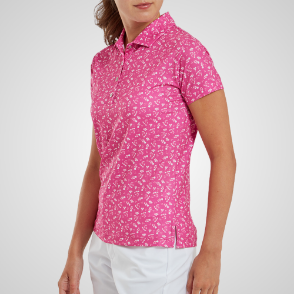 FootJoy Ladies Floral Print Lisle Golf Polo Shirt Pink Front