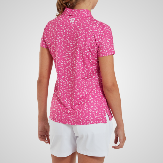Model wearing Model wearing FootJoy Ladies Floral Print Lisle Pink Golf Polo Shirt Back View