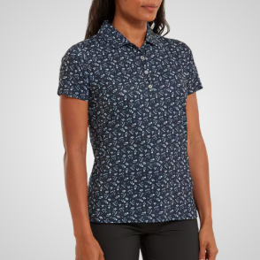 Model wearing FootJoy Ladies Floral Print Lisle Navy/White Golf Polo Shirt