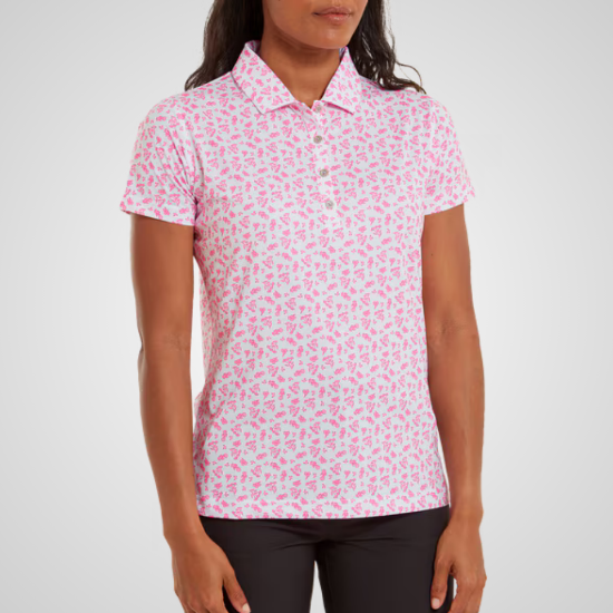 Model wearing FootJoy Ladies Floral Print Lisle White/Pink Golf Polo Shirt