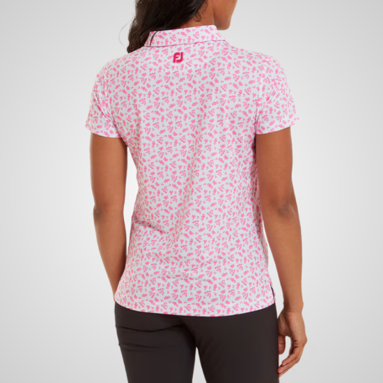 Model wearing FootJoy Ladies Floral Print Lisle White & Pink Golf Polo Shirt Back View