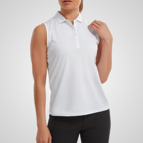 Model wearing FootJoy Ladies Meshback Lisle White Golf Polo Shirt Front View