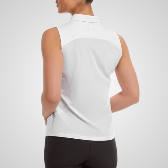 Model wearing FootJoy Ladies Meshback Lisle White Golf Polo Shirt Back View