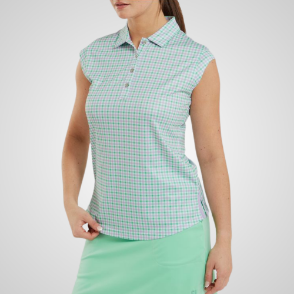 Model wearing FootJoy Ladies Gingham Print Mint Green Golf Polo Shirt Front View