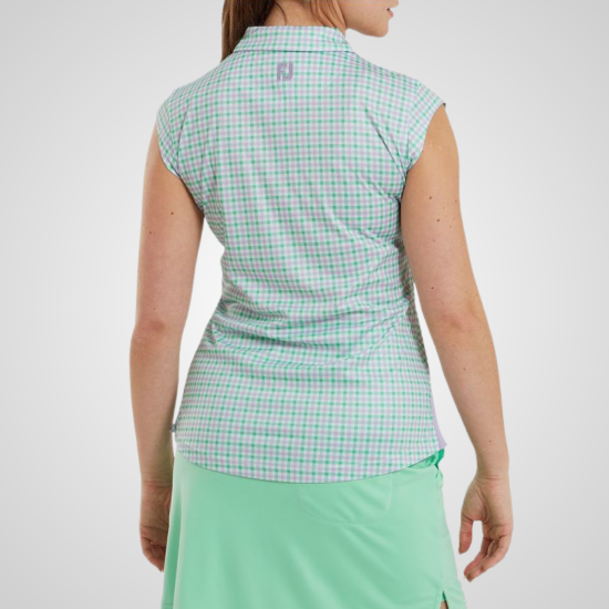 Model wearing FootJoy Ladies Gingham Print Lavender/Mint Golf Polo Shirt Back View	